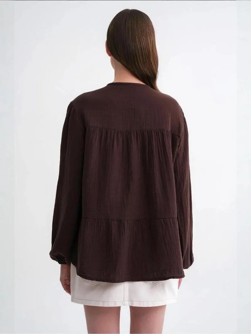 MixRay Coffee Brown Mixray Long Sleeve Relaxed Fit Blouse with Tie-Neck for Women | Best Price UAE