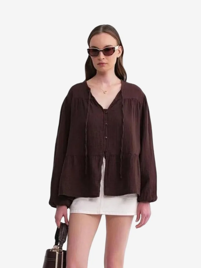 MixRay Mixray Long Sleeve Relaxed Fit Blouse with Tie-Neck