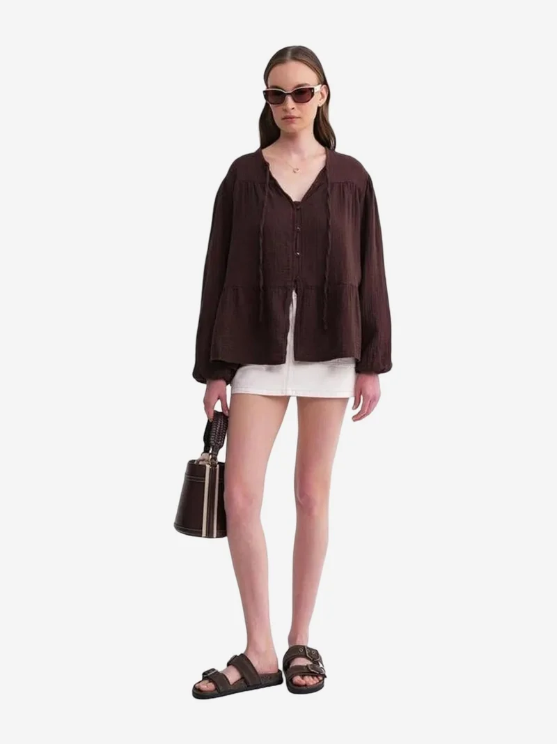 Mixray Coffee Brown Mixray Long Sleeve Relaxed Fit Blouse with Tie-Neck for Women | Best Price UAE