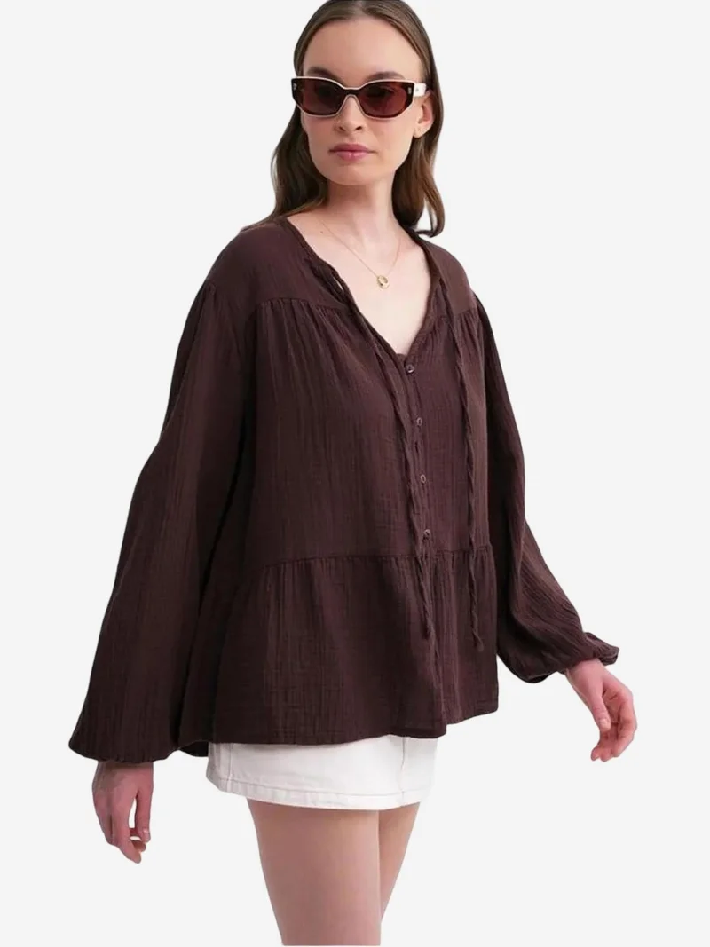 Mixray Coffee Brown Mixray Long Sleeve Relaxed Fit Blouse with Tie-Neck for Women | Best Price UAE