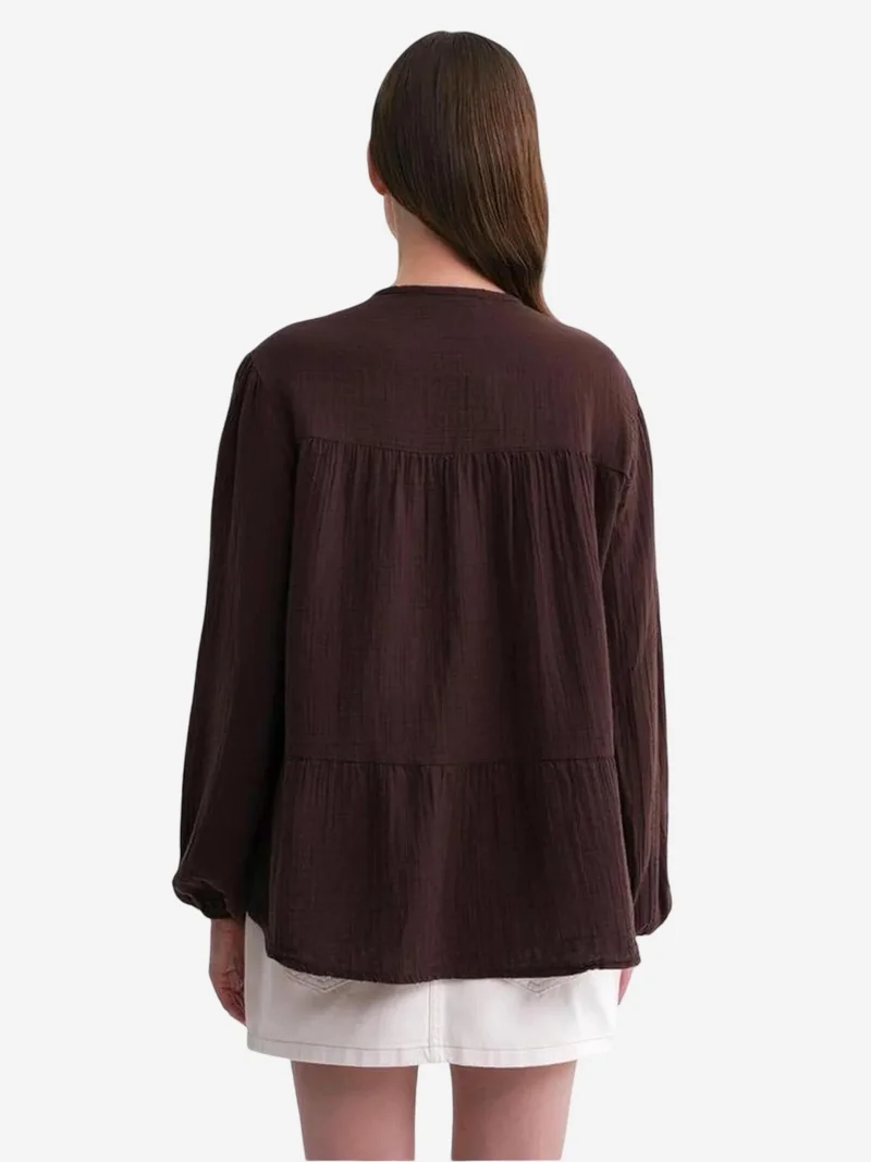 Mixray Coffee Brown Mixray Long Sleeve Relaxed Fit Blouse with Tie-Neck for Women | Best Price UAE
