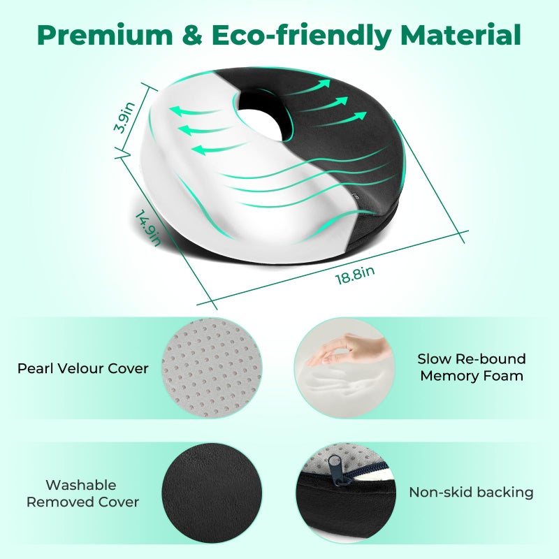 SAHEYER Donut Pillow for Tailbone Pain, Memory Foam Hemorrhoids Pillow for Sciatica Nerve, Sciatica Hip Coccyx Seat Cushion for Long Sitting Office Workers, Car Drivers, Black - Image 2