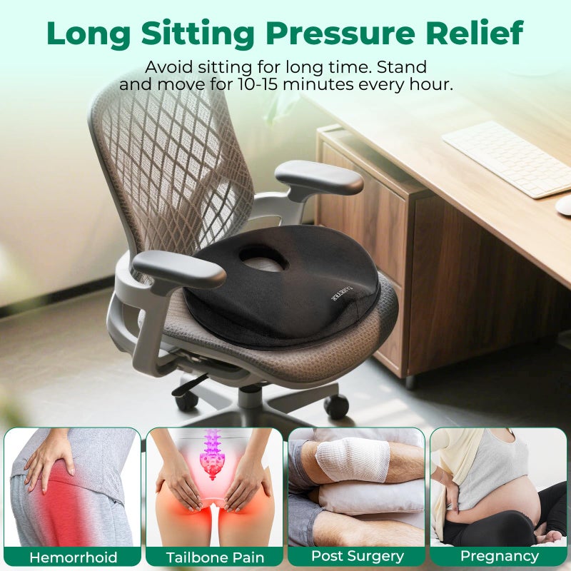 SAHEYER Donut Pillow for Tailbone Pain, Memory Foam Hemorrhoids Pillow for Sciatica Nerve, Sciatica Hip Coccyx Seat Cushion for Long Sitting Office Workers, Car Drivers, Black - Image 3
