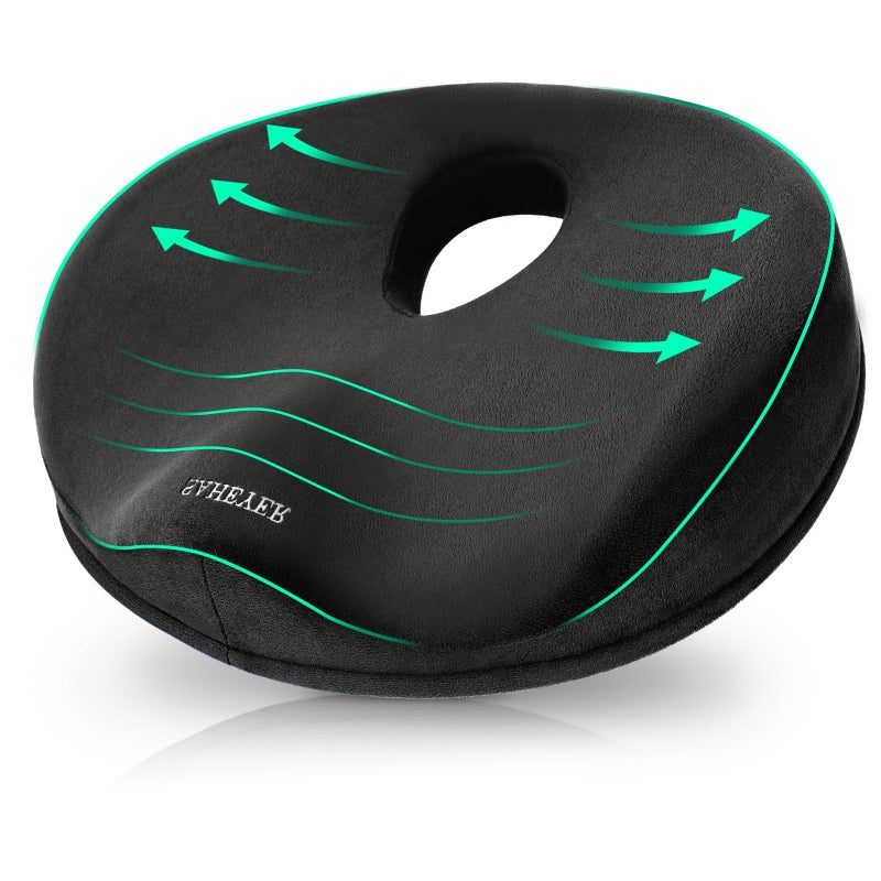 SAHEYER Donut Pillow for Tailbone Pain, Memory Foam Hemorrhoids Pillow for Sciatica Nerve, Sciatica Hip Coccyx Seat Cushion for Long Sitting Office Workers, Car Drivers, Black - Image 1