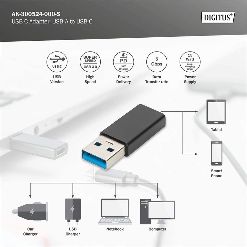 DIGITUS USB 3.2 Gen1 USB Adapter - Adapter - USB A (male) to USB C (female) - 5 Gbit/s - Adapter cable, USB cable - Black - Image 3