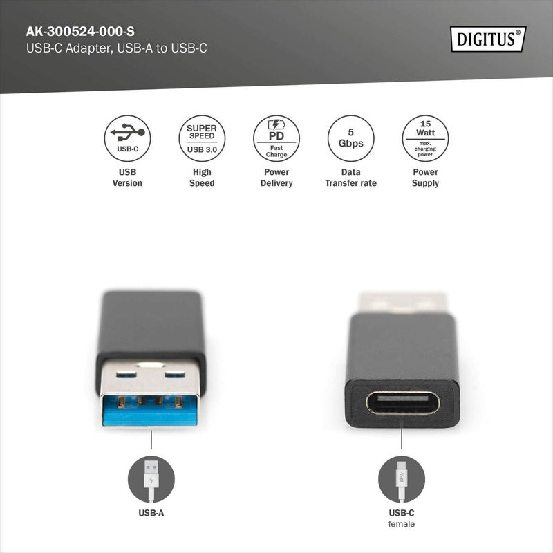 DIGITUS USB 3.2 Gen1 USB Adapter - Adapter - USB A (male) to USB C (female) - 5 Gbit/s - Adapter cable, USB cable - Black - Image 2