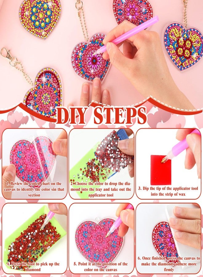 Ferreve 28 Pcs Valentine's Day DIY Diamond Key Chain Ornaments 5d Pink Love Heart Shape Diamond Art Keychains Ornaments for Kids Valentine's Day DIY Crafts Classroom Supplies - Image 3