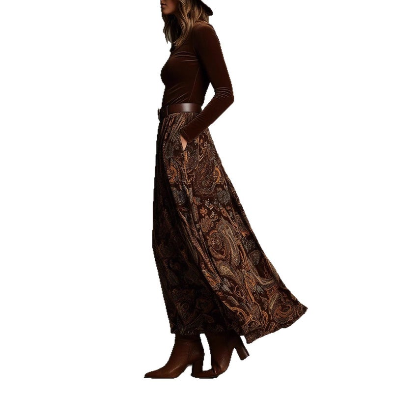 Retro Printed Long Dress Set with Belt for Women - Image 5