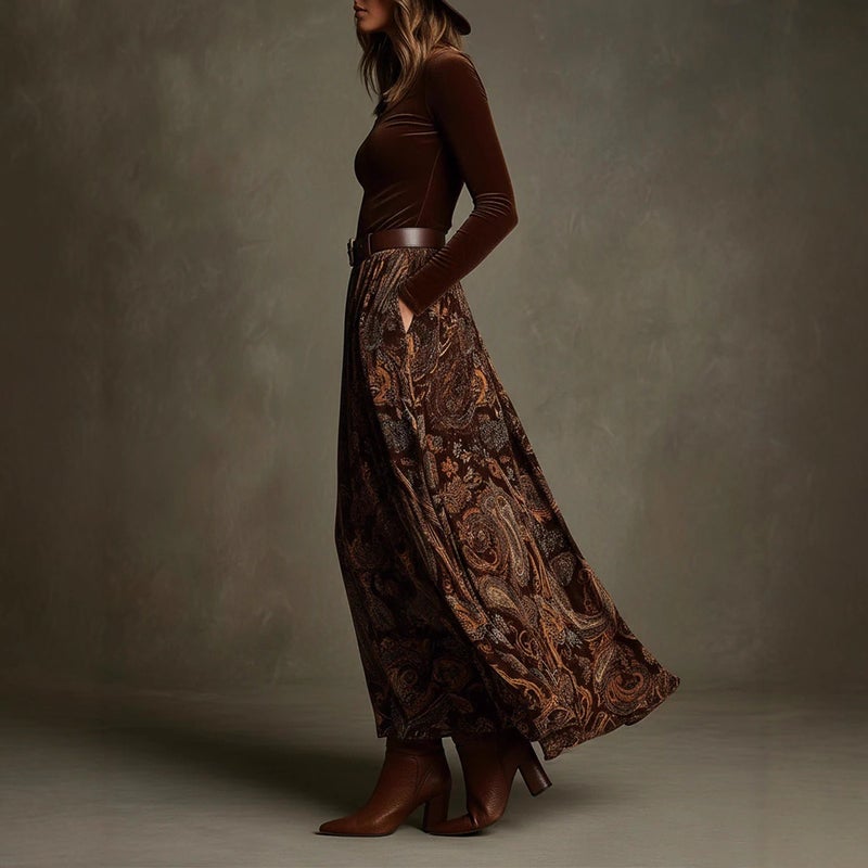 Retro Printed Long Dress Set with Belt for Women - Image 3