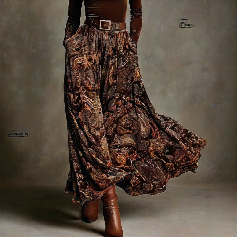 Retro Printed Long Dress Set with Belt for Women - Image 4
