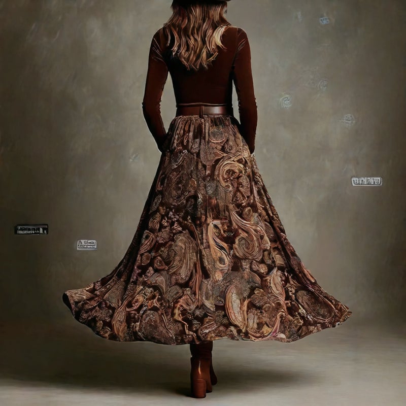 Retro Printed Long Dress Set with Belt for Women - Image 2