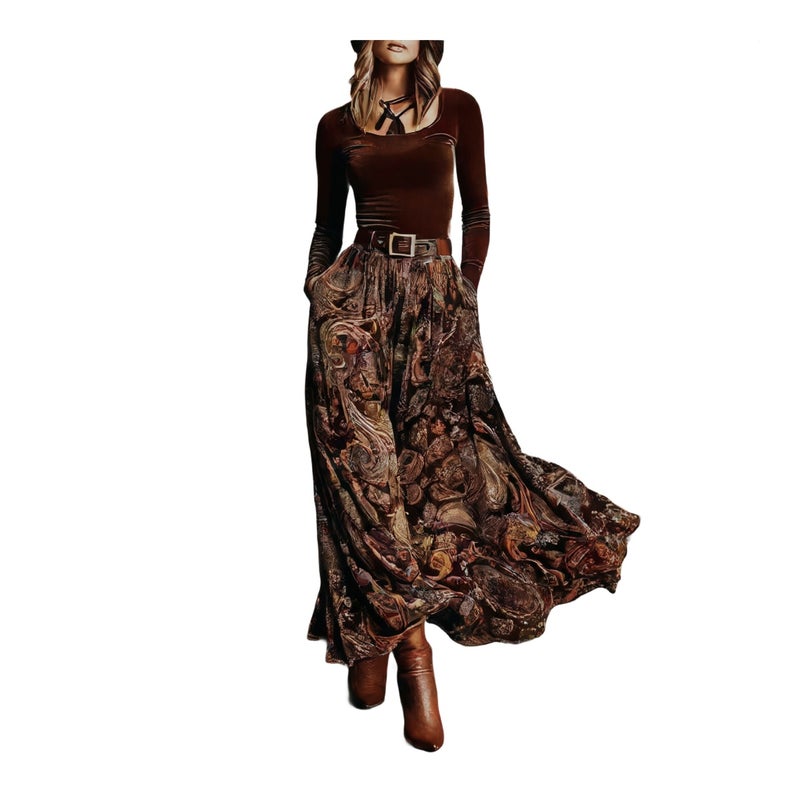 Retro Printed Long Dress Set with Belt for Women - Image 1
