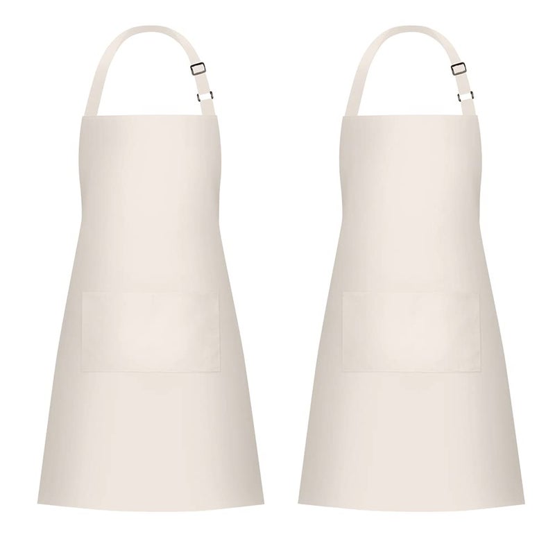 Jubatus 2 Pack 100 Cotton Aprons with 2 Pockets Cooking Chef Kitchen Adjustable Bib Apron for Women Men Beige