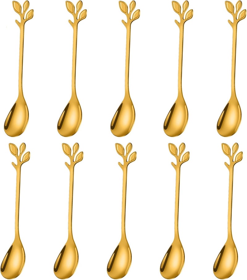 AnSaw Elegant Gold Leaf Coffee Spoons - 10-Piece, 4.7" Mini Stainless Steel Espresso & Dessert Tea Spoons, Perfect for Demitasse & Small Servings - Image 1