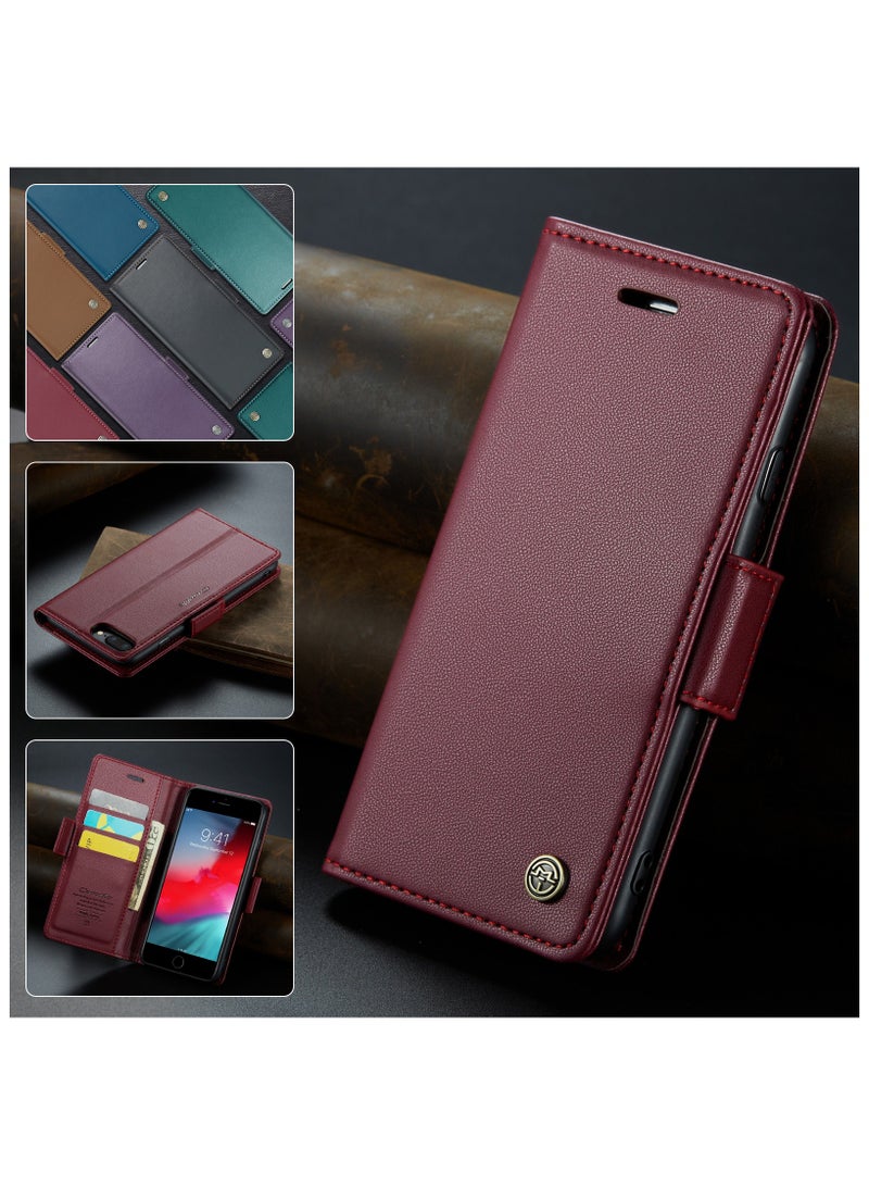 فليب محفظة حالة لابل اي فون 6 زائد / 7 زائد / 8 زائد ، الجلود المغناطيسي مرفق فليب حالة الأحمر - Image 4