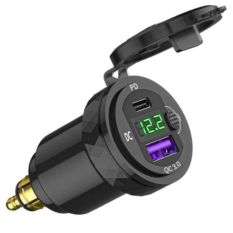 Cllena DIN Hella Plug to USB C PD 3.0 & QC 3.0 USB Charger Socket Power Adapter with Voltmeter and ON-Off Switch for Ducati Triumph BMW Motorcycle Easy handling optimized design - Image 1