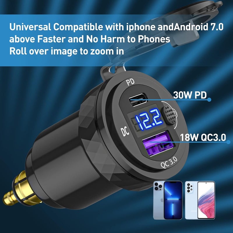 Cllena DIN Hella Plug to USB C PD 3.0 & QC 3.0 USB Charger Socket Power Adapter with Voltmeter and ON-Off Switch for Ducati Triumph BMW Motorcycle Easy handling optimized design - Image 2