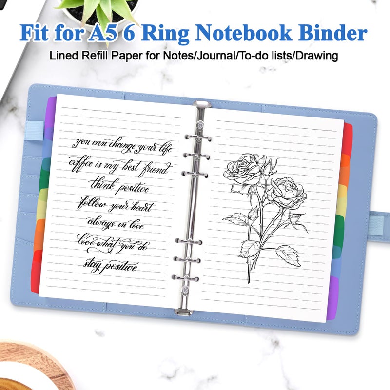 Antner A5 Lined Refill Paper 6 Hole Planner Inserts for A5 6 Ring Binder, 135 Sheets Wide Ruled Lined Filler Paper Loose Leaf Refills with 12PCS Binder Dividers for Refillable Notebook, Bullet Journal - Image 4