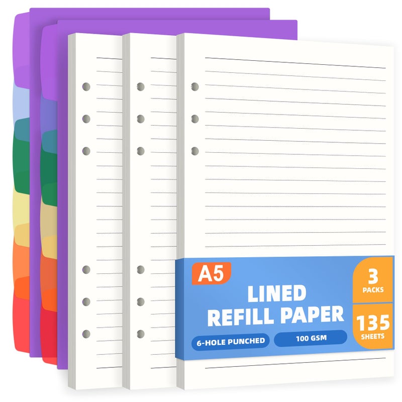 Antner A5 Lined Refill Paper 6 Hole Planner Inserts for A5 6 Ring Binder, 135 Sheets Wide Ruled Lined Filler Paper Loose Leaf Refills with 12PCS Binder Dividers for Refillable Notebook, Bullet Journal - Image 1