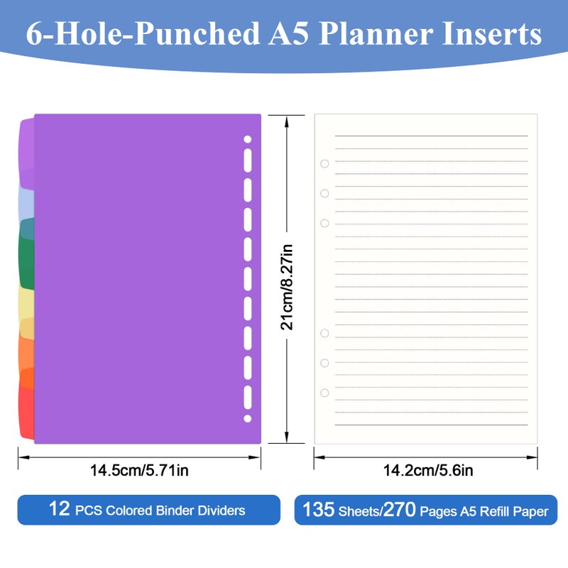 Antner A5 Lined Refill Paper 6 Hole Planner Inserts for A5 6 Ring Binder, 135 Sheets Wide Ruled Lined Filler Paper Loose Leaf Refills with 12PCS Binder Dividers for Refillable Notebook, Bullet Journal - Image 2