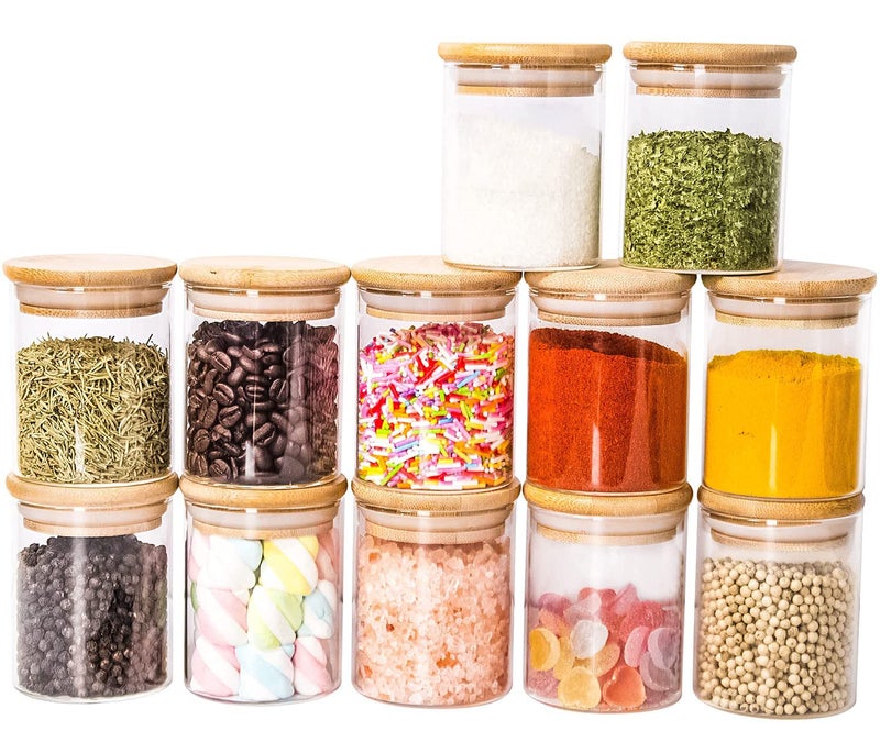 ComSaf Glass Food Storage Canister with Airtight Bamboo Lid (220ml), Clear Glass Jar Container with Seal Wooden Lid for Kitchen Pantry Serving Tea Coffee Sugar Flour Spices (Set Of 12, 220ml) - Image 1