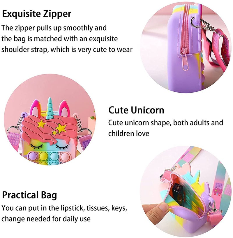 HIRNAYA Pop It Pencil Case Bag | Unicorn Shape Sling Bag Crossbody/Shoulder Bag Zipper Closer for Girls | Pop It Fidget Toy Fidget Purse with Adjustable Strap for Girls Stress Relief Toy (Baby Pink) - Image 2