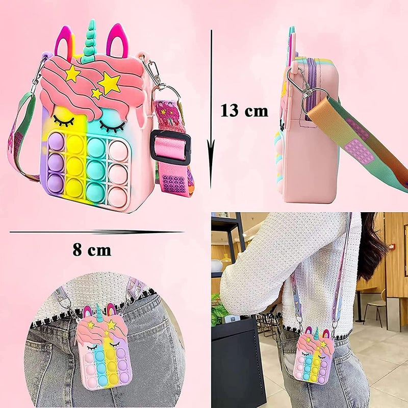 HIRNAYA Pop It Pencil Case Bag | Unicorn Shape Sling Bag Crossbody/Shoulder Bag Zipper Closer for Girls | Pop It Fidget Toy Fidget Purse with Adjustable Strap for Girls Stress Relief Toy (Baby Pink) - Image 5