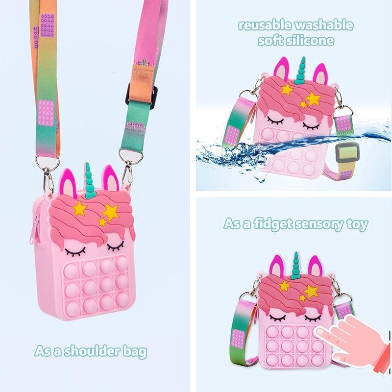 HIRNAYA Pop It Pencil Case Bag | Unicorn Shape Sling Bag Crossbody/Shoulder Bag Zipper Closer for Girls | Pop It Fidget Toy Fidget Purse with Adjustable Strap for Girls Stress Relief Toy (Baby Pink) - Image 1