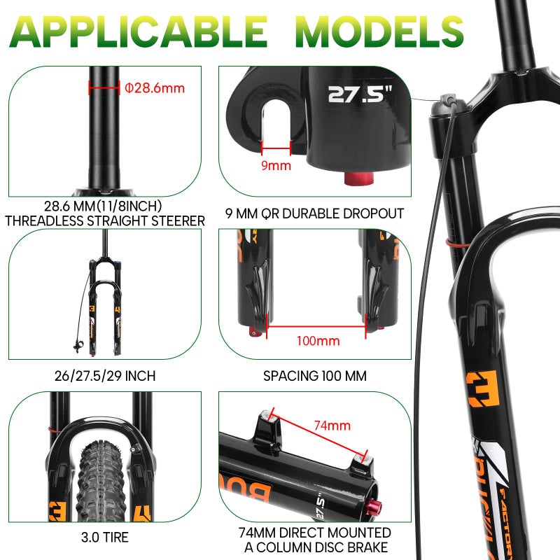 BUCKLOS 26/27.5/29 inch Travel 140mm MTB Air Suspension Fork, Rebound Adjustment 34mm Stanchions 1-1/8" Threadless Straight/Tapered 9*100mm QR Manual/Remote Lockout XC AM Mountain Bicycle Front Forks - Image 2