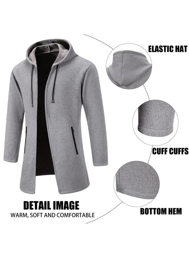 Mylldey Men's Long Cardigan Hoodies Full-zip Fleece Lined Sweaters Knit Regular Fit Casual Sweater Hooded Coat wiht PocketLightgrey-M - Image 4