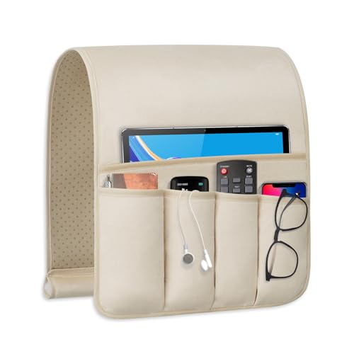 WETRBWEH TV Remote Control Holder Couch Caddy, Non-slip Bedside Caddy Organizer with 5 Pockets for Key Glasses Phone Magazine Holders (Beige, 35"x12.4") - Image 1
