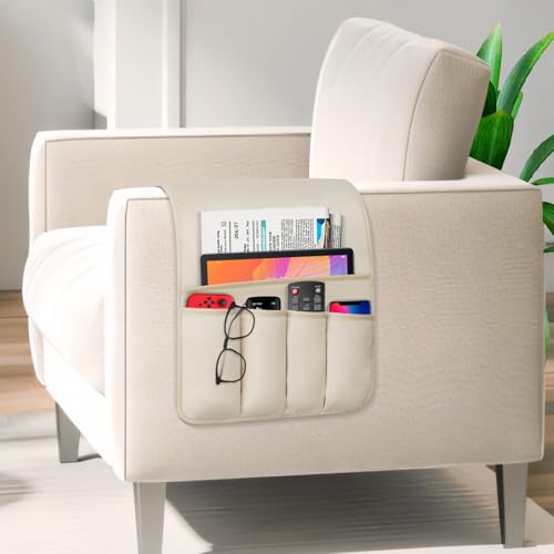 WETRBWEH TV Remote Control Holder Couch Caddy, Non-slip Bedside Caddy Organizer with 5 Pockets for Key Glasses Phone Magazine Holders (Beige, 35"x12.4") - Image 2