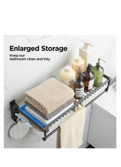 SYOSI Towel Rack for Bathroom Storage Wall Mounted Foldable Shelf with Bar Hooks No Assembly Required 24Inch Black  - Image 4