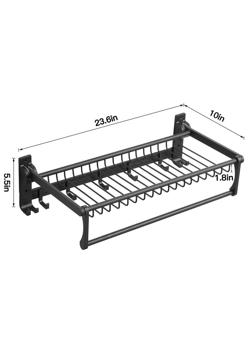 SYOSI - Towel Rack for Bathroom Storage Wall Mounted Foldable Shelf with Bar Hooks No Assembly Required 24Inch Black - Image 1