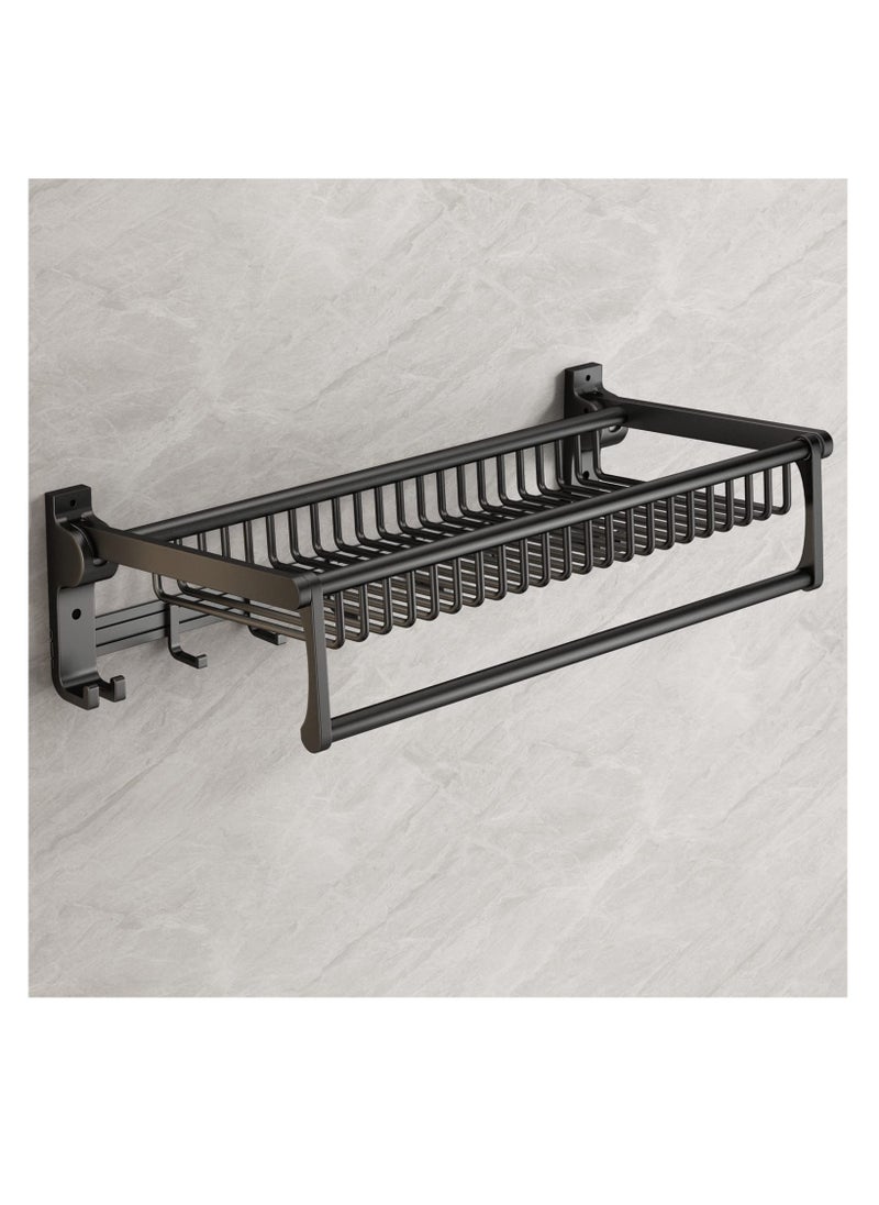 SYOSI - Towel Rack for Bathroom Storage Wall Mounted Foldable Shelf with Bar Hooks No Assembly Required 24Inch Black - Image 1