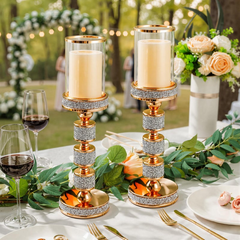 Dounx Pillar Candle Holder with Wind Proofï¼ŒMetal Hurricane Holders, Crystal Candle Holders for Table Centerpieces, Home Decor, Wedding, Dining Table (3, Gold, S+M+L) - Image 4