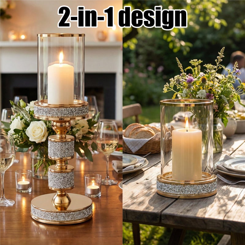 Dounx Pillar Candle Holder with Wind Proofï¼ŒMetal Hurricane Holders, Crystal Candle Holders for Table Centerpieces, Home Decor, Wedding, Dining Table (3, Gold, S+M+L) - Image 3