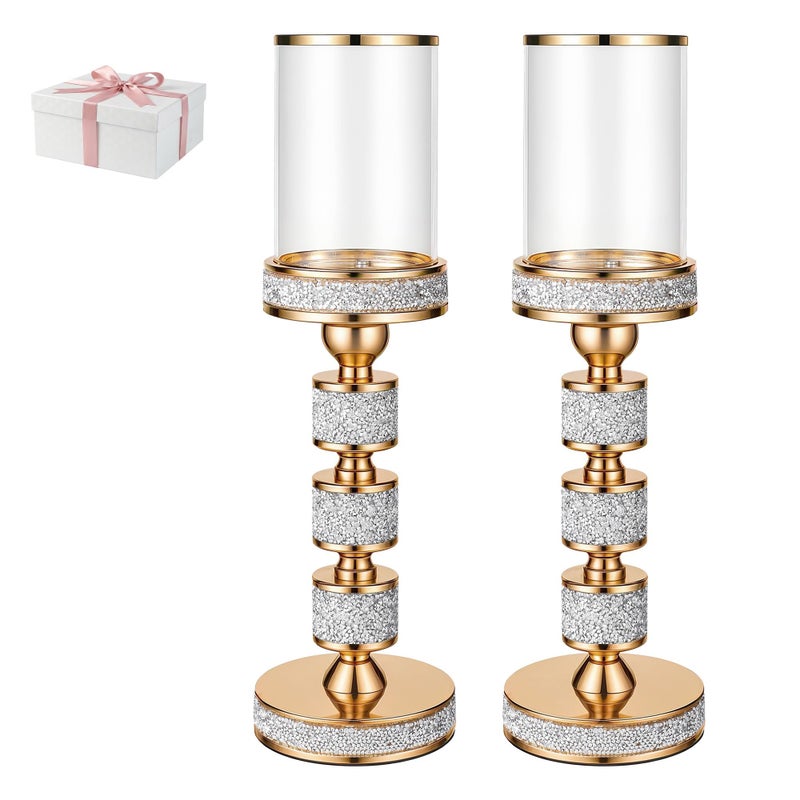 Dounx Pillar Candle Holder with Wind Proofï¼ŒMetal Hurricane Holders, Crystal Candle Holders for Table Centerpieces, Home Decor, Wedding, Dining Table (3, Gold, S+M+L) - Image 1