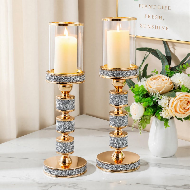 Dounx Pillar Candle Holder with Wind Proofï¼ŒMetal Hurricane Holders, Crystal Candle Holders for Table Centerpieces, Home Decor, Wedding, Dining Table (3, Gold, S+M+L) - Image 5
