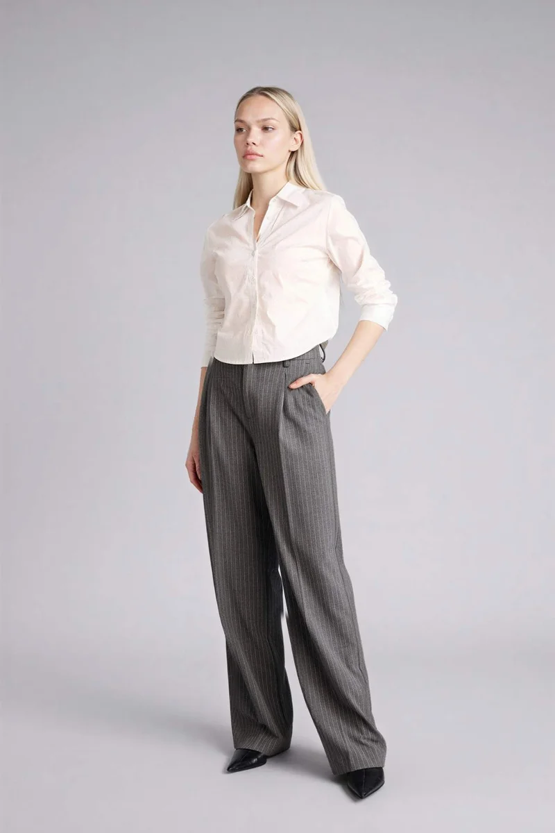 DeFacto Wide Leg Zip-Up Striped Trousers