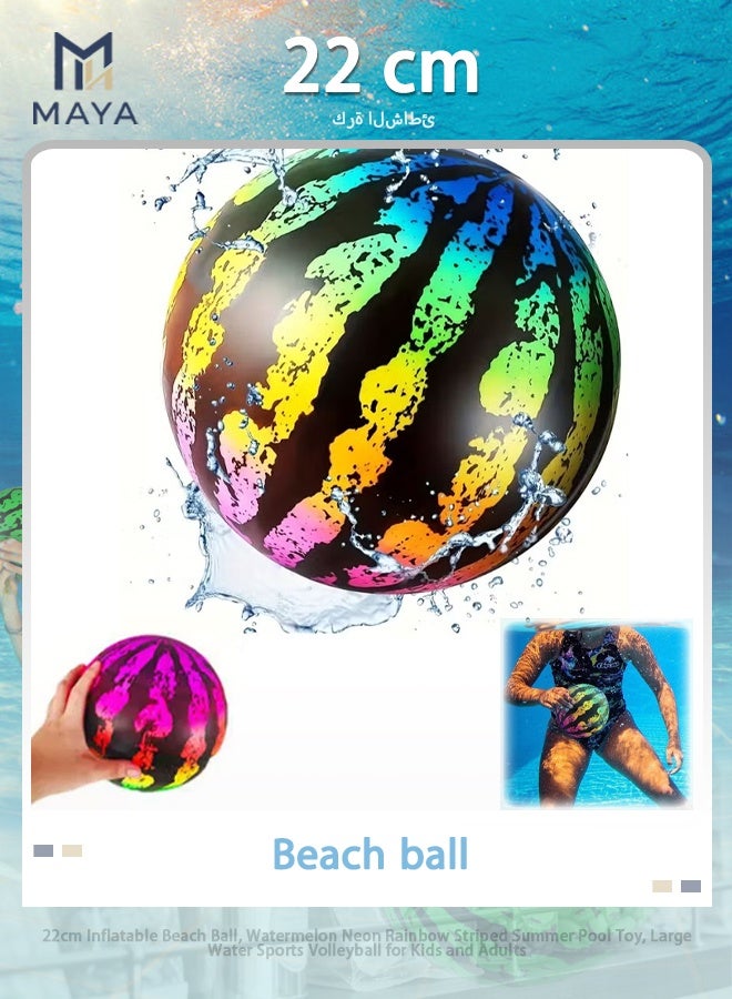 Maya 22cm Inflatable Beach Ball, Watermelon Neon Rainbow Striped Summer Pool Toy, Large Water Sports Volleyball for Kids and Adults - Image 1