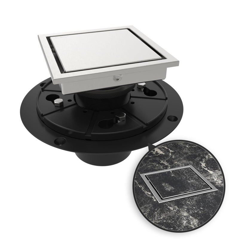 WEBANG 4 Inch Square Shower Drain Brushed Floor Drain with Flange Reversible 2in1 Cover Tile Insert Grate Removable SUS304 Stainless Steel CUPC Certified Brushed