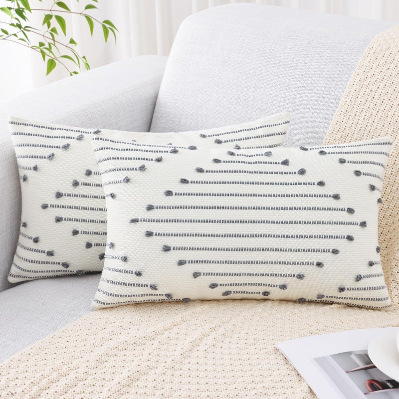 Mecatny Boho Outdoor Throw Pillow Covers 12X20 Set of 2 Farmhouse Lumbar Summer Pillow Covers for Couch Sofa Living Room Grey  Cream White