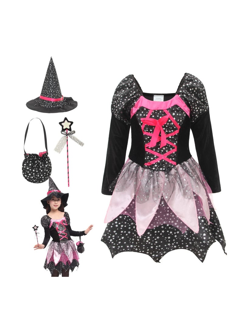 SYOSI Girls Kids Magic Witch Halloween Costume, Cosplay Role Play Fancy Dress Carnival Outfit with Witches Hat, Wand And Candy Bag Accessories, for Halloween Costume Dress-Up Parties, Cosplay (130cm)  - Image 1