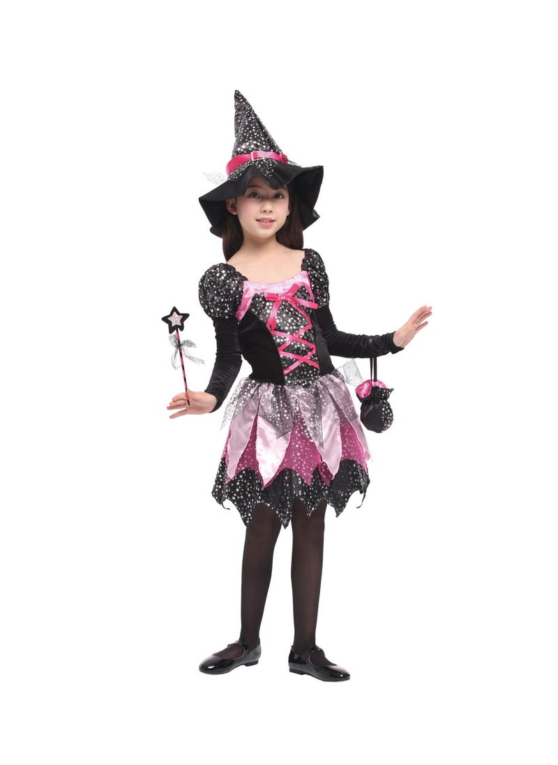 SYOSI Girls Kids Magic Witch Halloween Costume, Cosplay Role Play Fancy Dress Carnival Outfit with Witches Hat, Wand And Candy Bag Accessories, for Halloween Costume Dress-Up Parties, Cosplay (130cm)  - Image 2