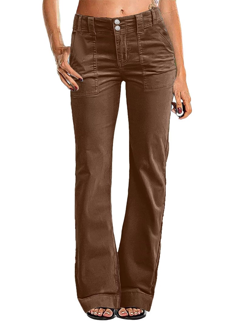 Flamingals Women's Wide Leg Pants for Women Mid Waist Dress Flare Straight Leg Corduroy Pants Work 31" Inseam Trouser Coffee XL - Image 1