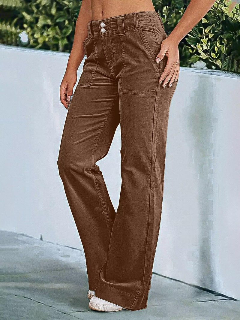 Flamingals Women's Wide Leg Pants for Women Mid Waist Dress Flare Straight Leg Corduroy Pants Work 31" Inseam Trouser Coffee XL - Image 2