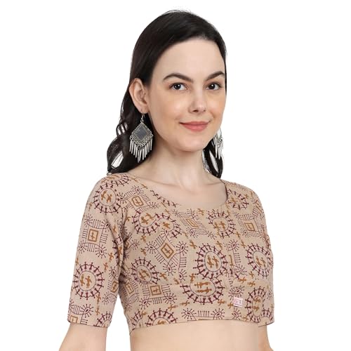 JISB Women's High Neck Cotton Printed Saree Blouse (44, Beige) - Image 2