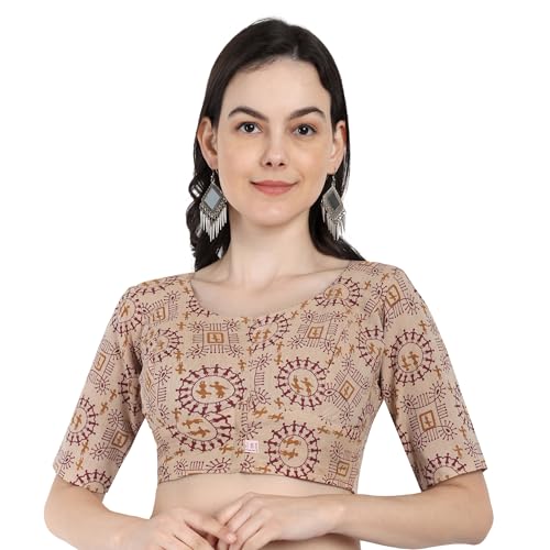 JISB Women's High Neck Cotton Printed Saree Blouse (44, Beige) - Image 1