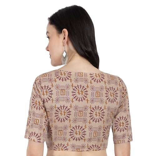 JISB Women's High Neck Cotton Printed Saree Blouse (44, Beige) - Image 3